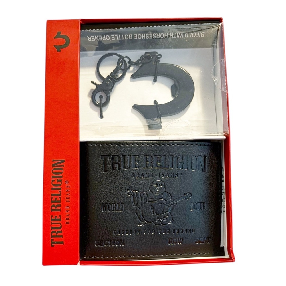 Brand New True‎ Religion Black Leather Billfold Wallet w/ Bottle Opener Keychain